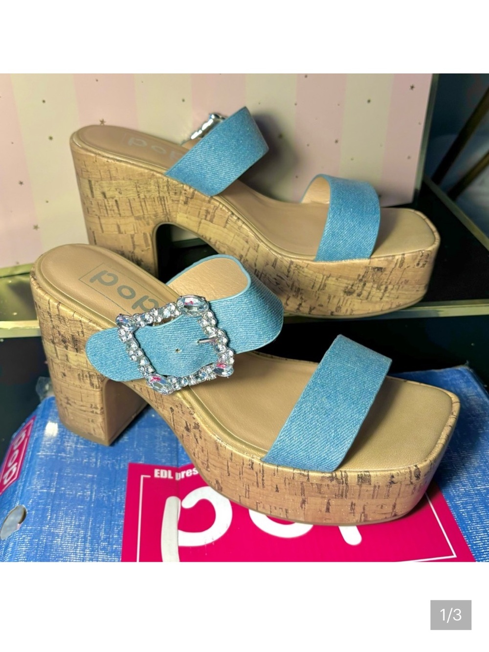 pop Light Blue Denim Platform Sandals with Rhinestone Buckle